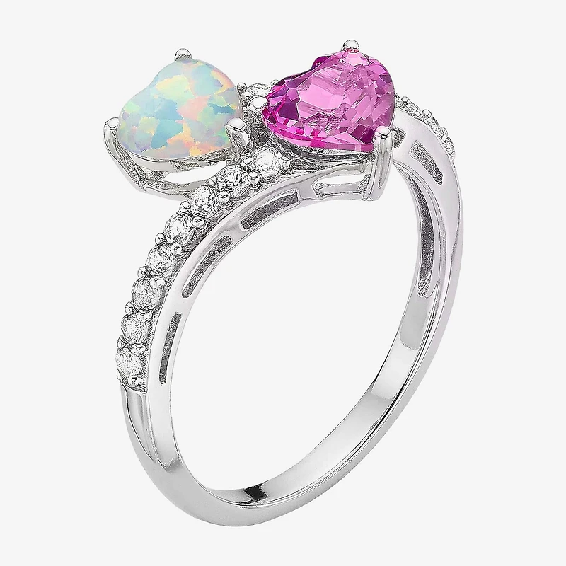 Womens Lab Created White Opal Sterling Silver Heart Cocktail Ring