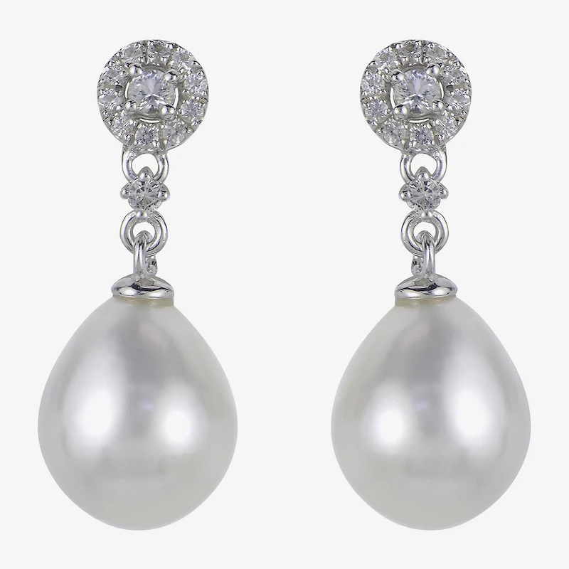 8.5-9Mm Cultured Freshwater Pearl And Genuine White Topaz Sterling Silver Earrings