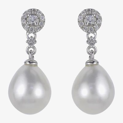 8.5-9Mm Cultured Freshwater Pearl And Genuine White Topaz Sterling Silver Earrings