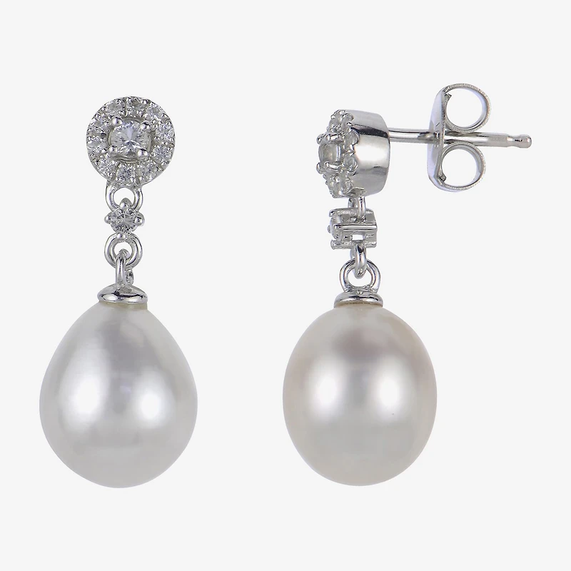 8.5-9Mm Cultured Freshwater Pearl And Genuine White Topaz Sterling Silver Earrings