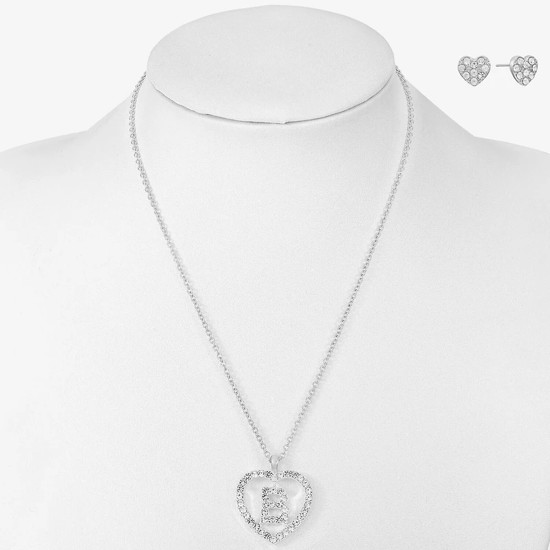 Mixit Silver Tone Initial Pendant Necklace & Stud Earring Womens White Heart 2-pc. Jewelry Set