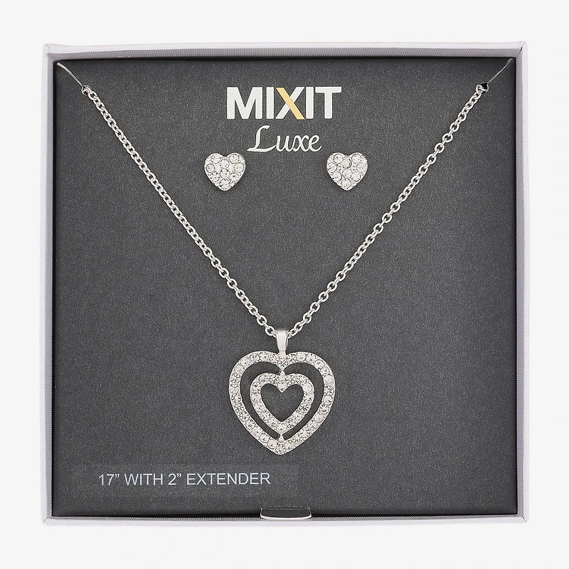 Mixit Silver Tone Pendant Necklace & Stud Earrings Womens White Heart 2-pc. Jewelry Set
