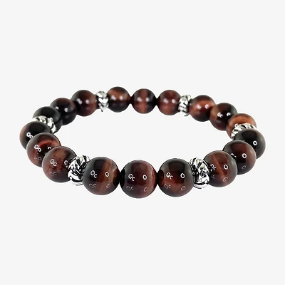 Mens Red Tiger's Eye Sterling Silver Beaded Bracelet