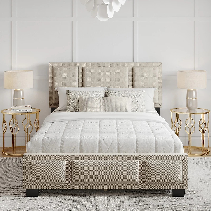 Boyd Sleep Triptych Upholstered Linen Platform Bed Frame with Adjustable Headboard