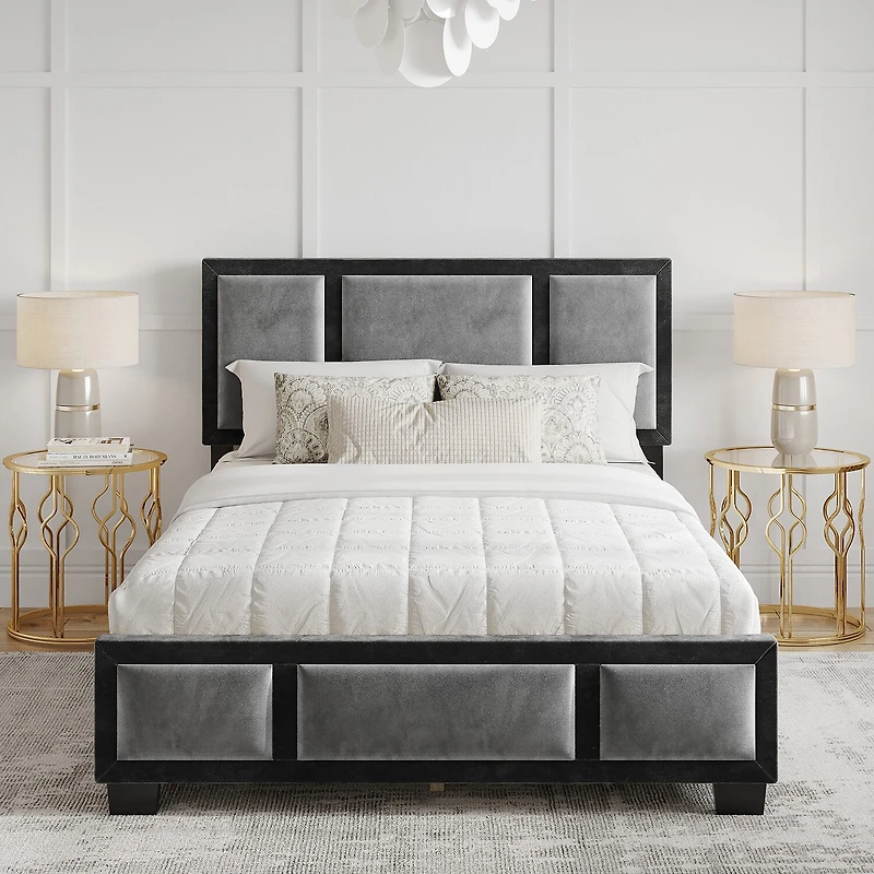Boyd Sleep Triptych Upholstered Velvet Platform Bed Frame with Adjustable Headboard