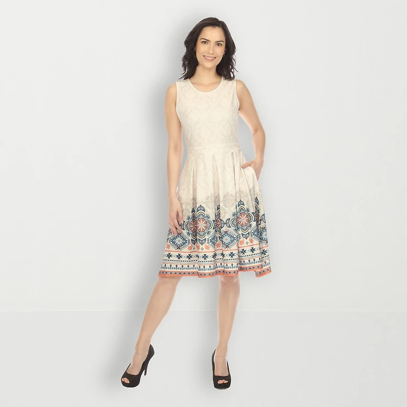 White Mark Womens Crew Neck Sleeveless Paisley Fit + Flare Dress