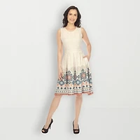 White Mark Womens Crew Neck Sleeveless Paisley Fit + Flare Dress