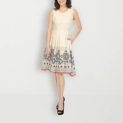White Mark Womens Crew Neck Sleeveless Paisley Fit + Flare Dress