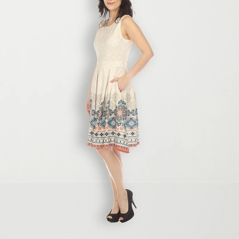 White Mark Womens Crew Neck Sleeveless Paisley Fit + Flare Dress