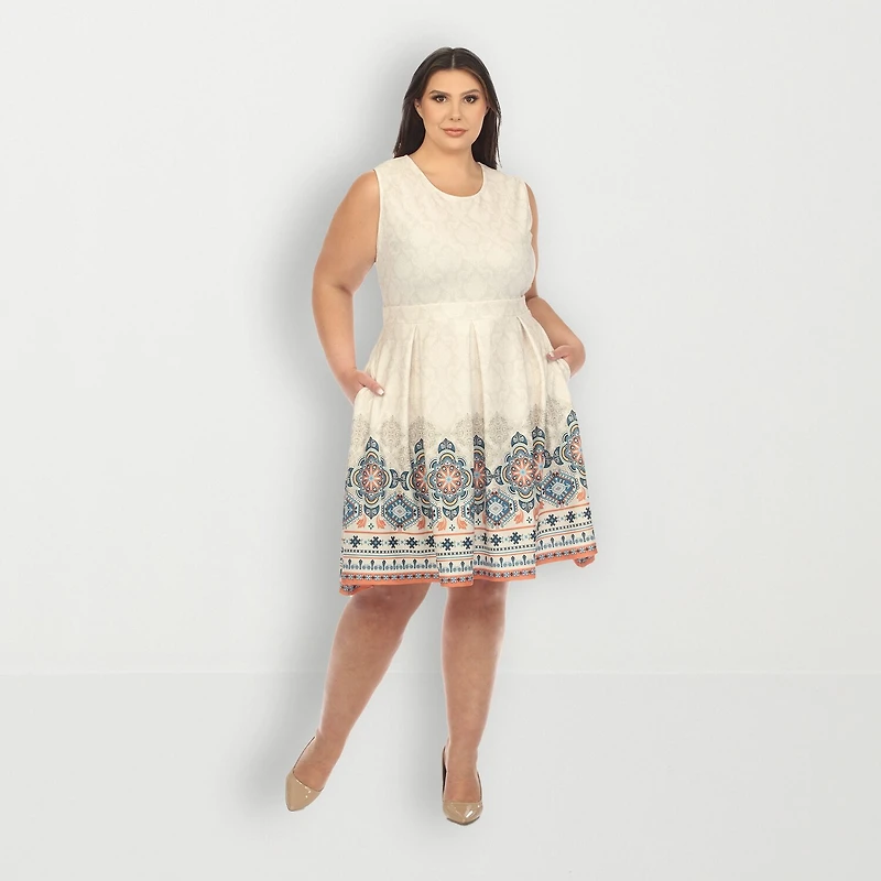 White Mark Womens Plus Crew Neck Sleeveless Paisley Fit + Flare Dress