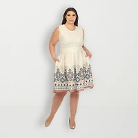 White Mark Womens Plus Crew Neck Sleeveless Paisley Fit + Flare Dress