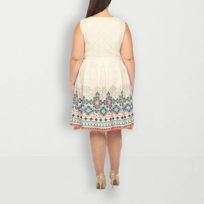 White Mark Womens Plus Crew Neck Sleeveless Paisley Fit + Flare Dress