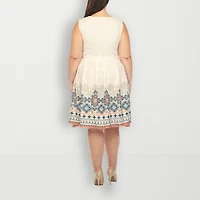 White Mark Womens Plus Crew Neck Sleeveless Paisley Fit + Flare Dress