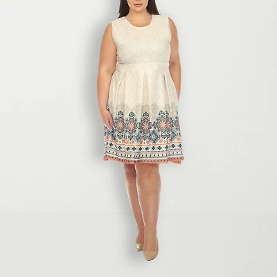 White Mark Womens Plus Crew Neck Sleeveless Paisley Fit + Flare Dress