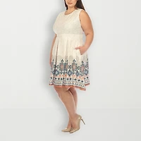 White Mark Womens Plus Crew Neck Sleeveless Paisley Fit + Flare Dress