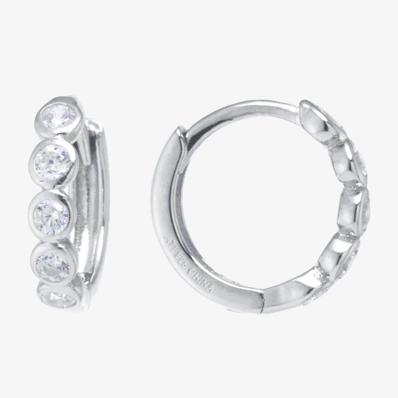 Silver Treasures Womens Cubic Zirconia Sterling Silver 11.5mm Hoop Earrings
