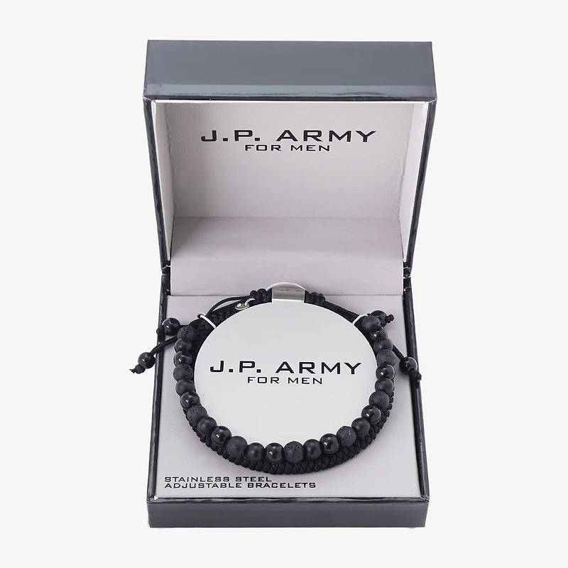 J.P. Army Mens 2-pc. Black Agate Stainless Steel Bracelet Set