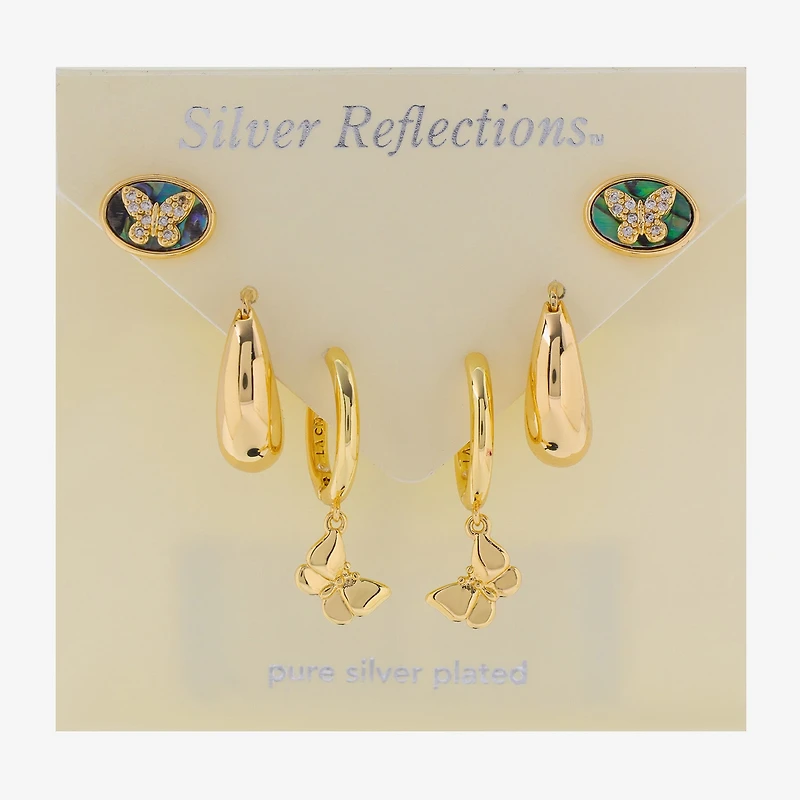 Silver Reflections Womens Cubic Zirconia 10K Gold Over Brass Butterfly 3 Pair Earring Set