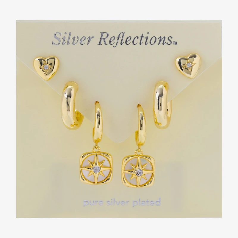 Silver Reflections Womens Cubic Zirconia 10K Gold Over Brass Heart Star 3 Pair Earring Set