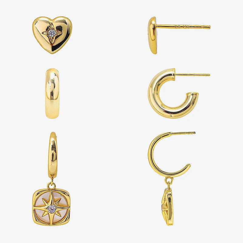 Silver Reflections Womens Cubic Zirconia 10K Gold Over Brass Heart Star 3 Pair Earring Set