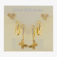 Silver Reflections Womens Cubic Zirconia 10K Gold Over Brass Bow Butterfly 3 Pair Earring Set