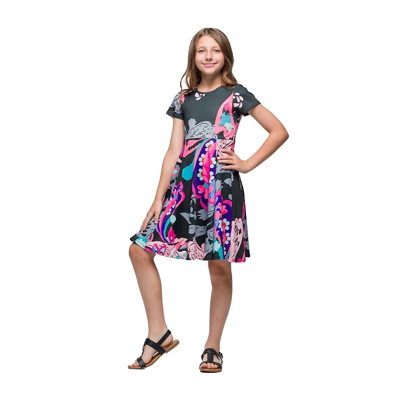 24seven Comfort Apparel Big Kid Girls Short Sleeve Fit + Flare Dress