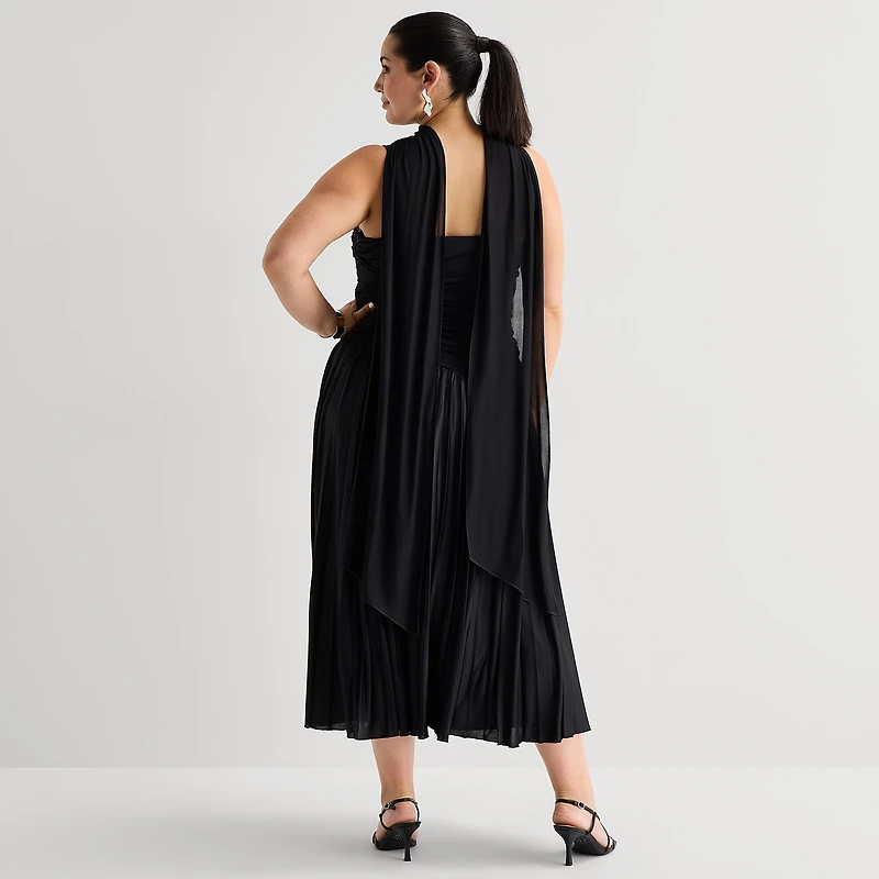 Premier Amour Womens Plus Midi Square Neck Sleeveless Fit + Flare Dress