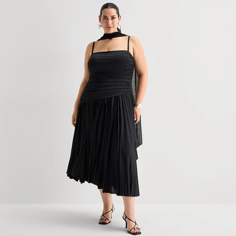 Premier Amour Womens Plus Midi Square Neck Sleeveless Fit + Flare Dress