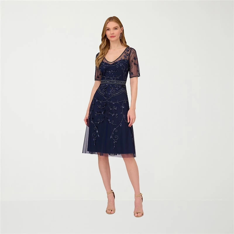 Papell Boutique Womens V Neck Short Sleeve Fitted Beaded Embellished Fit + Flare Dress