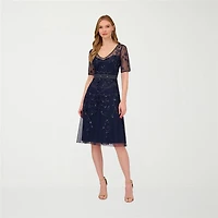 Papell Boutique Womens V Neck Short Sleeve Fitted Beaded Embellished Fit + Flare Dress
