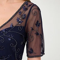Papell Boutique Womens V Neck Short Sleeve Fitted Beaded Embellished Fit + Flare Dress