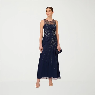Papell Boutique Womens Round Neck Sleeveless Beaded Embellished Evening Gown
