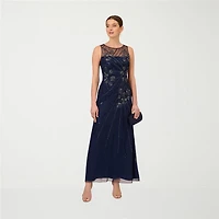 Papell Boutique Womens Round Neck Sleeveless Beaded Embellished Evening Gown