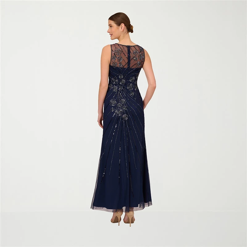 Papell Boutique Womens Round Neck Sleeveless Beaded Embellished Evening Gown