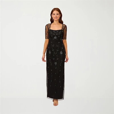 Papell Boutique Womens Square Neck 3/4 Sleeve Fitted Beaded Embellished Evening Gown