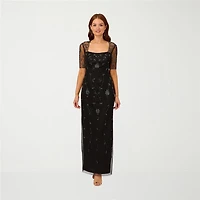 Papell Boutique Womens Square Neck 3/4 Sleeve Fitted Beaded Embellished Evening Gown