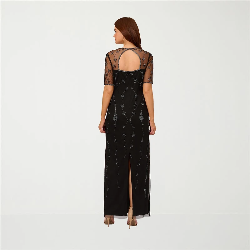 Papell Boutique Womens Square Neck 3/4 Sleeve Fitted Beaded Embellished Evening Gown