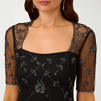 Papell Boutique Womens Square Neck 3/4 Sleeve Fitted Beaded Embellished Evening Gown