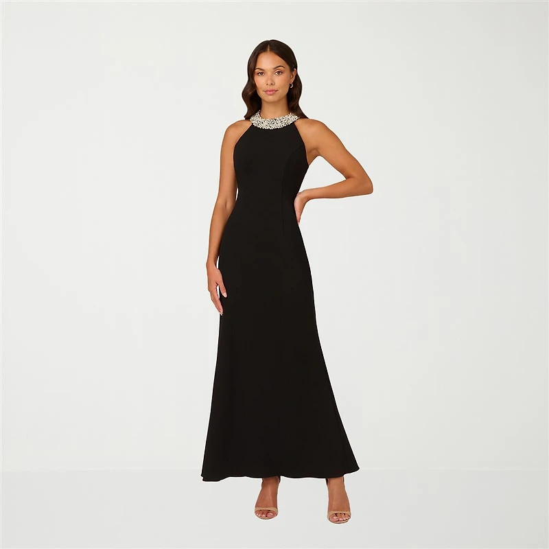 Papell Boutique Womens Halter Neck Sleeveless Embellished Evening Gown