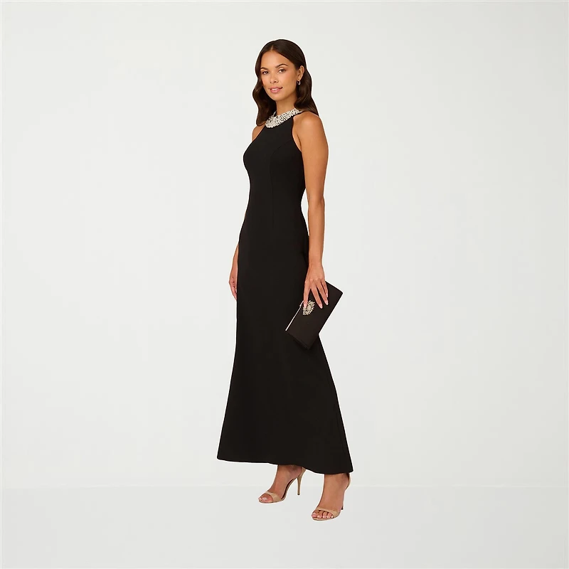 Papell Boutique Womens Halter Neck Sleeveless Embellished Evening Gown