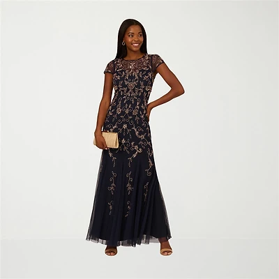 Papell Boutique Womens Round Neck Short Sleeve Cap Beaded Embellished Evening Gown