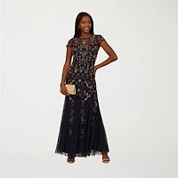 Papell Boutique Womens Round Neck Short Sleeve Cap Beaded Embellished Evening Gown