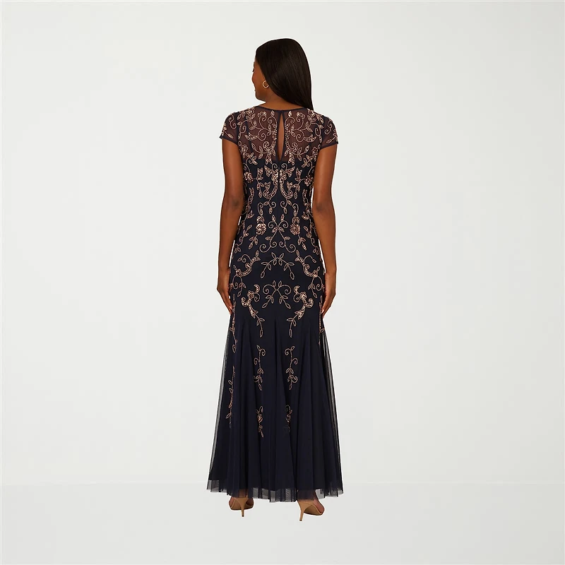 Papell Boutique Womens Round Neck Short Sleeve Cap Beaded Embellished Evening Gown