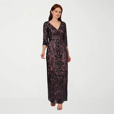 Papell Boutique Womens V Neck 3/4 Sleeve Fitted Beaded Embellished Evening Gown