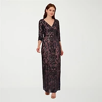 Papell Boutique Womens V Neck 3/4 Sleeve Fitted Beaded Embellished Evening Gown