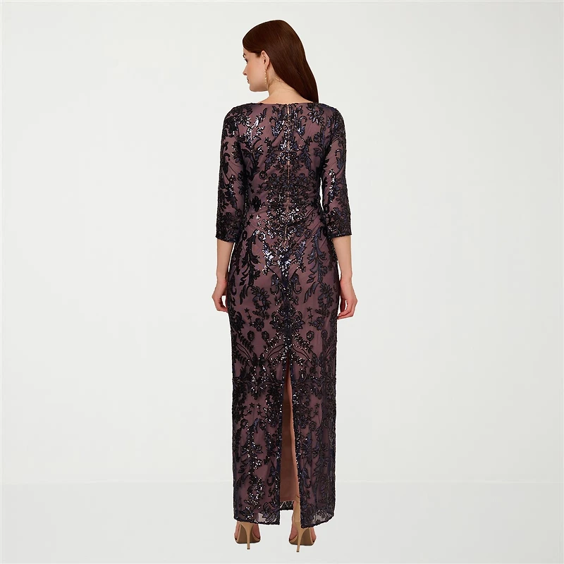 Papell Boutique Womens V Neck 3/4 Sleeve Fitted Beaded Embellished Evening Gown