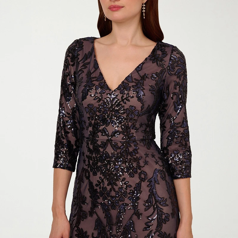 Papell Boutique Womens V Neck 3/4 Sleeve Fitted Beaded Embellished Evening Gown