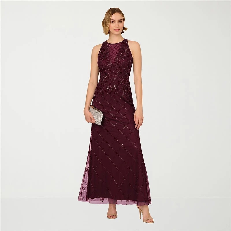 Papell Boutique Womens Round Neck Sleeveless Beaded Embellished Evening Gown