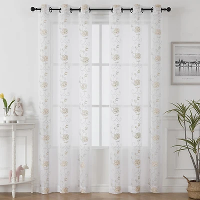 Runyan Embroidered Grommet Top Sheer Set of 2 Curtain Panel