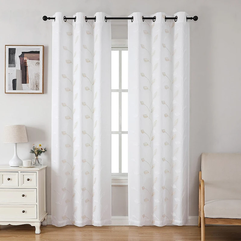 Esmeray Embroidered Grommet Top Sheer Set of 2 Curtain Panel